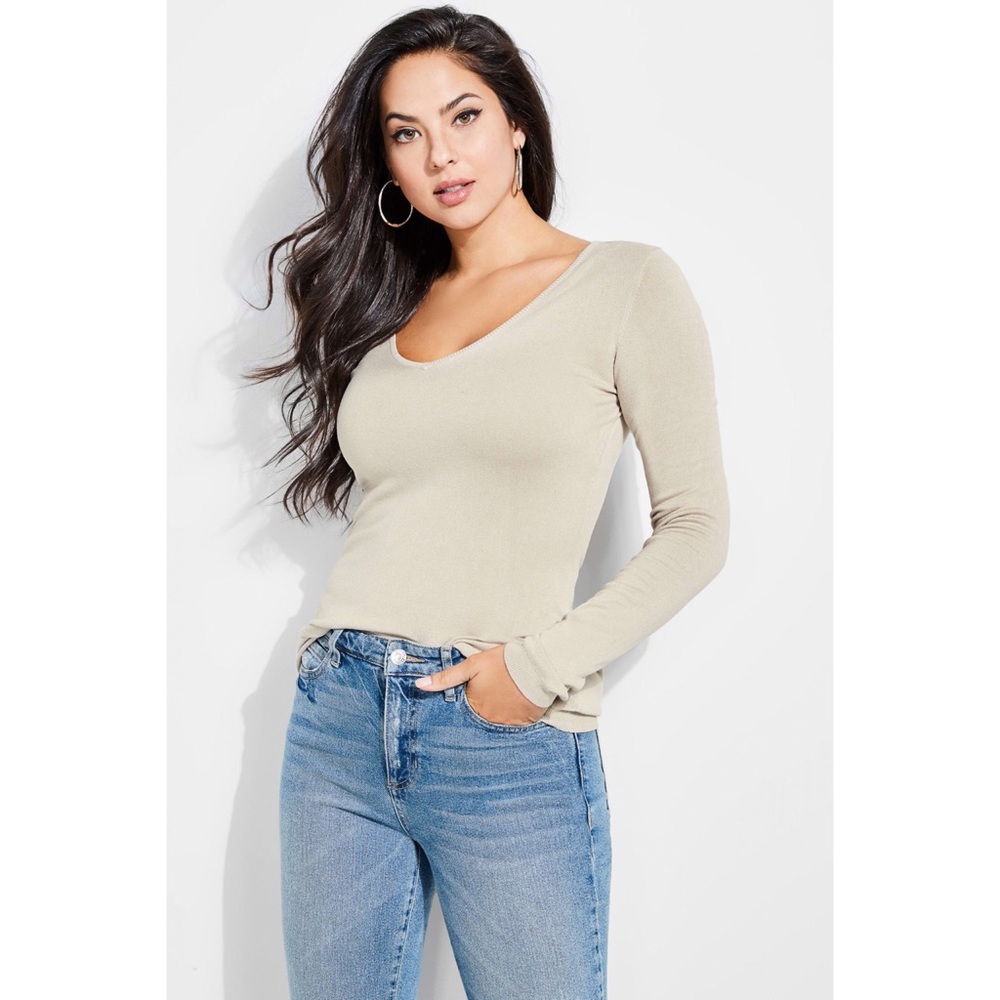 Guess Cream V-Neck Bling Sweater